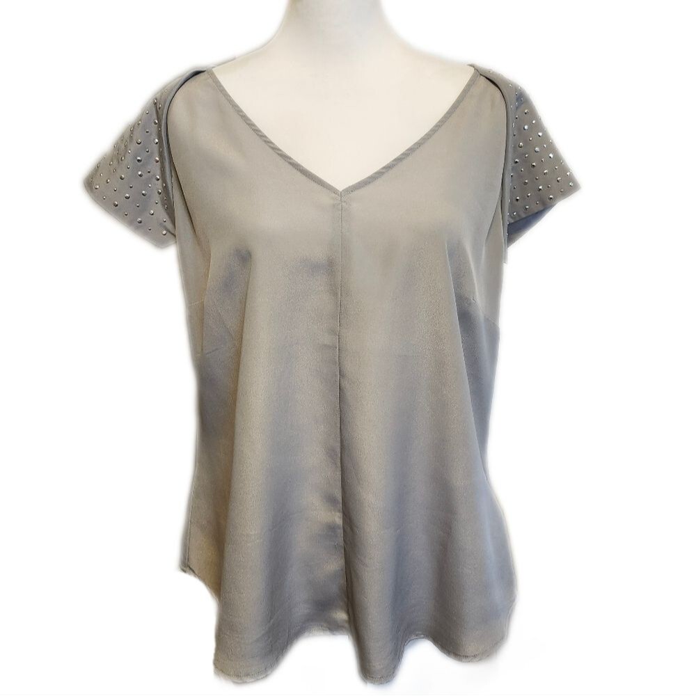 Venus gray silky polyester v-neck blouse - silver toned studded sleeves - L